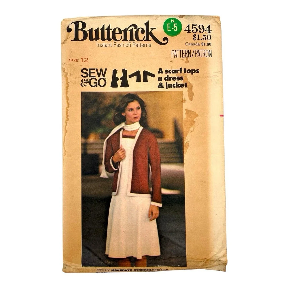 VTG 1977 Butterick Sewing Pattern Misses Jacket Dress & Scarf Size 12 #4594